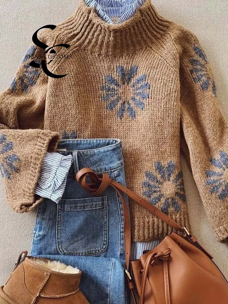Women's Lovely Floral Art Print Knit Turtleneck Pullover Sweater