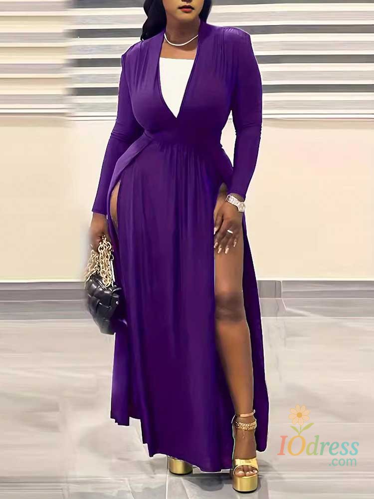 IO Dress Plus Size Women Clothing 2xl 3xl 4xl 5xl Long Elegant Dress with Sleeves Autumn Ladies Sexy Party Solid Waist Dress Side Slit IO Dress