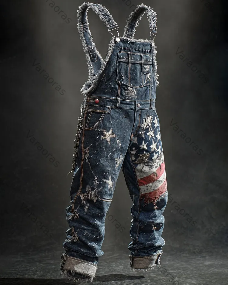 Men's Summer Outdoor Casual Independence Day 3D Embroidered Denim Jumpsuit Overalls 6659