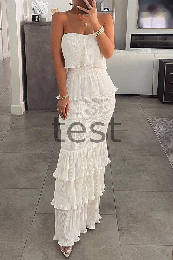 Cedric Off Shoulder Shirred Ruffle Hem Layered Dress RY
