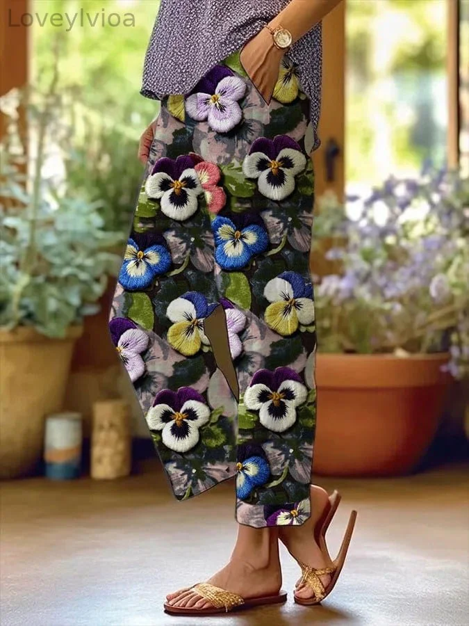 Women's Purple Floral Pansy Printed Casual Pants