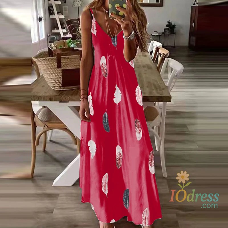 IO Dress 8Colour All-Season Chic Feather Print Maxi Dress Casual V-Neck Comfort Stretch Easy Care