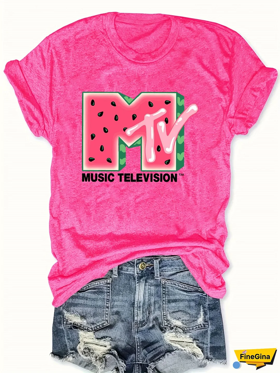 Women's Casual Short Sleeve Crew Neck T-Shirt - Vibrant Green With Pink Watermelon Letter Print, Soft Breathable Fabric, Regular Fit, Machine Washable For Summer & Spring, Relaxed Style, Retro Style, Comfortable Fit, Print Top, Women