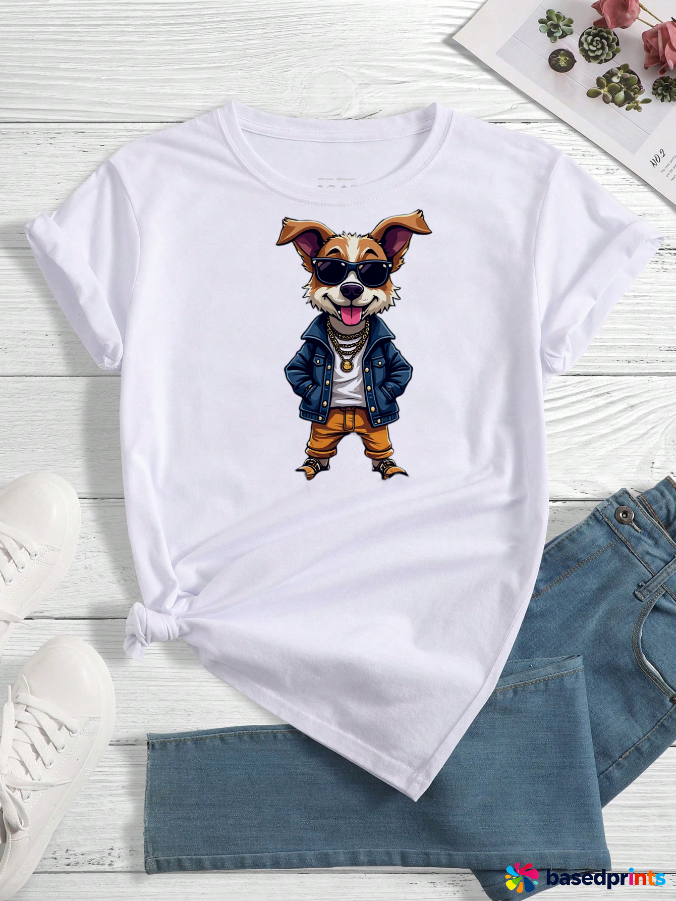 Cool Dog Graphic Tee White Cotton Casual T-Shirt
