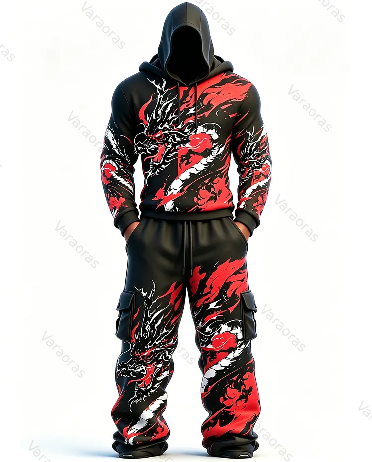 Men's Fashion Vintage Contrast Color Dragon Embroidered Hoodie & Pants Two-Piece Set 5928