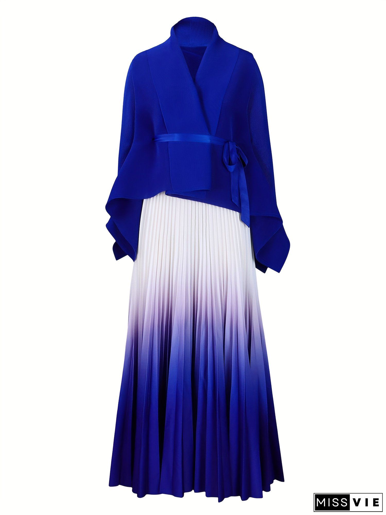 GLOURI Formal Suit for Women, Batwing Sleeved Shawl-neck Tops And Ombre Pleated Skirt Two-piece Set, Elegant Style, Prefect for Wedding Guest, Special Occasions, Birthday Party