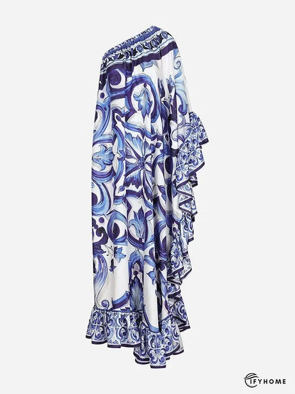 Flared Sleeves Contrast Color Floral Printed One-Shoulder Midi Dresses | IFYHOME