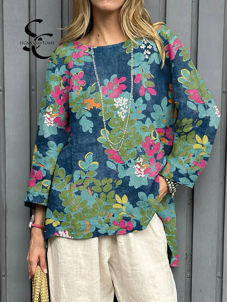 Women's Vintage Botanical Art Print Casual Cotton And Linen Shirt