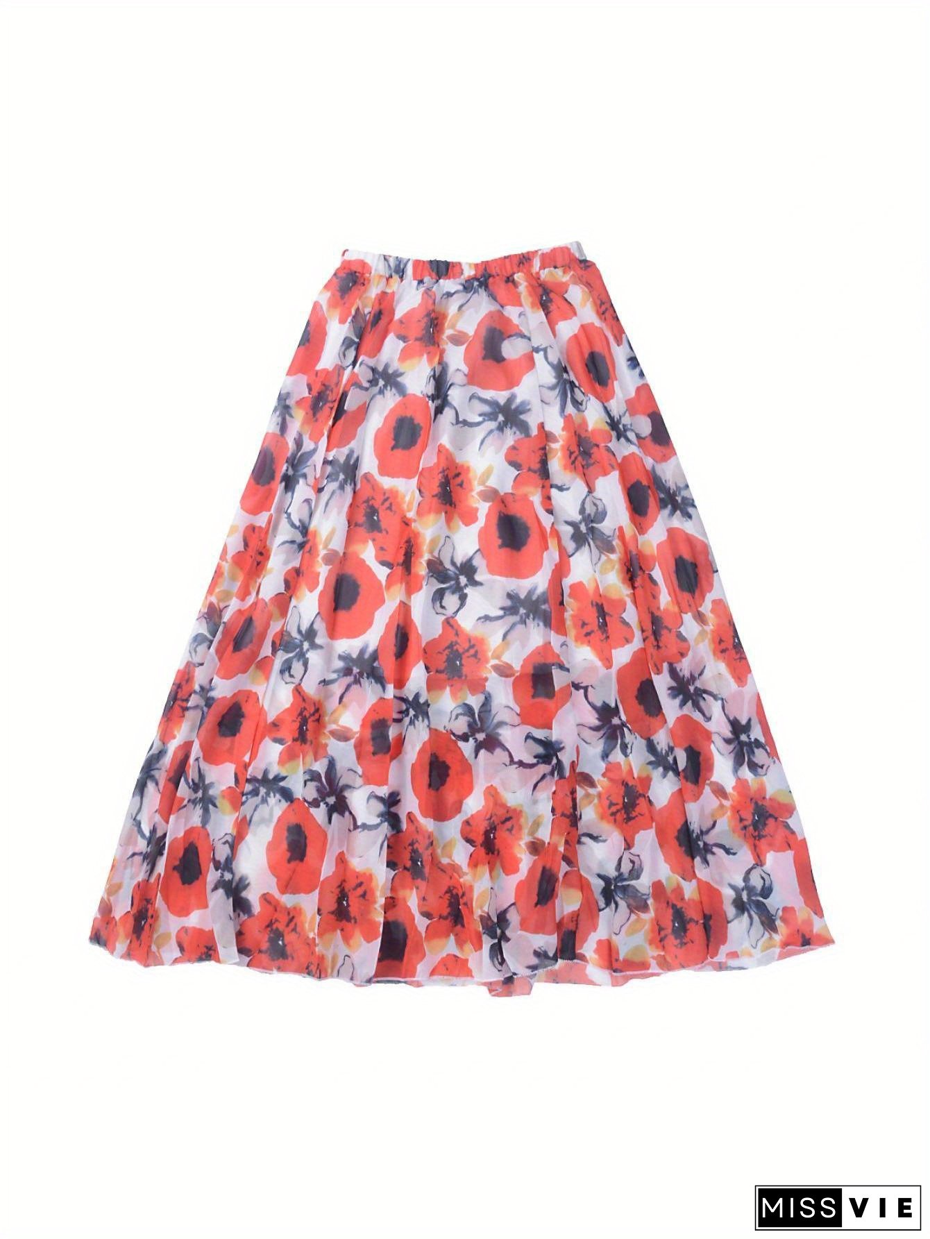 Women' S Chiffon Boho Skirt Sexy Floral Long Skirt High Waist Flared Pleated Beach Skirt