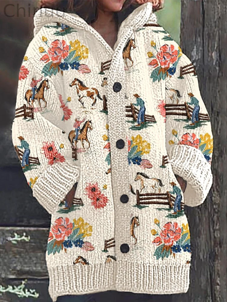 Western Cowboy & Floral Pattern Cozy Knit Hooded Cardigan