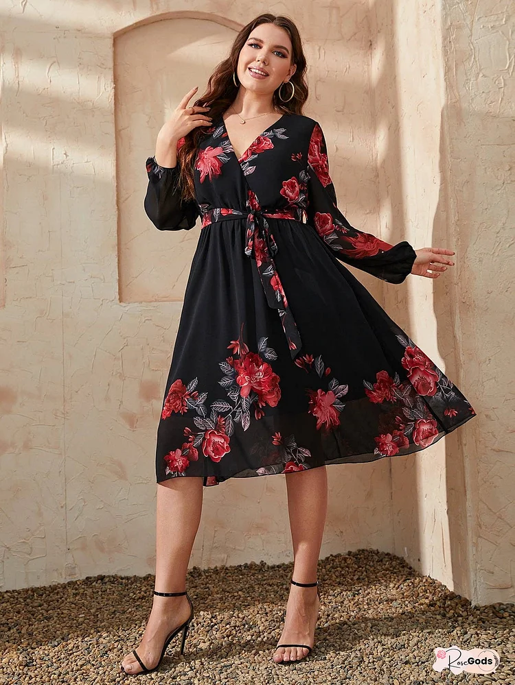 Plus Size Floral Surplice Neck Tie Waist Dress