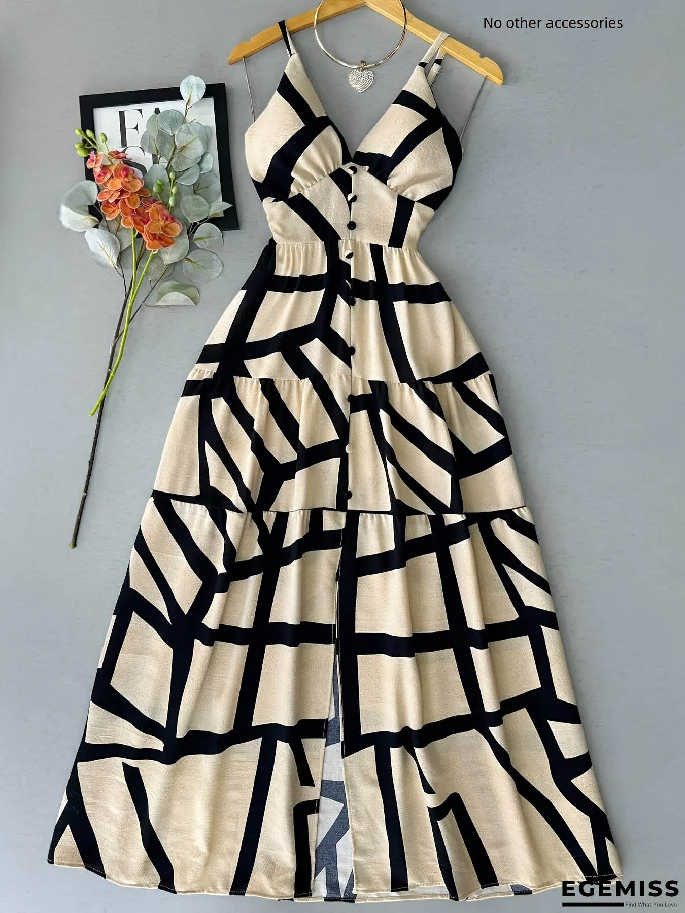 Elegant Geometric Print Maxi Dress with High Slit - Sleeveless, Spaghetti Strap, Cinched Waist, Flowing A-Line Silhouette for Spring/Summer, Adult Women&lsquo;s Fashion, Summer Dresses | EGEMISS