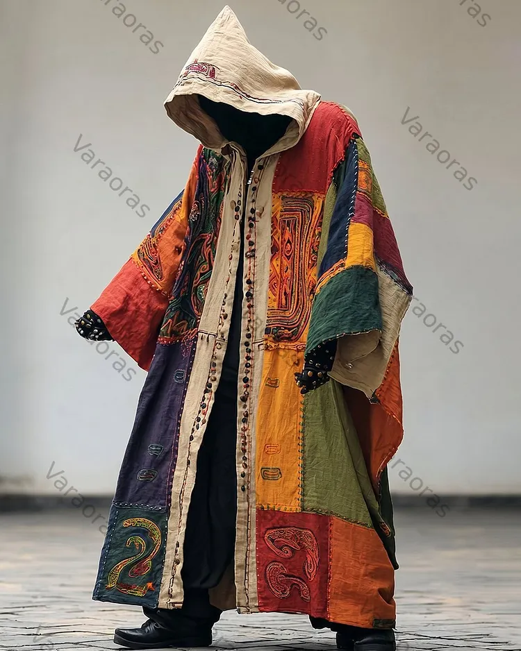 Men's Summer Fashion Boho-Style Patchwork Embroidered Linen Hooded Cape 7051
