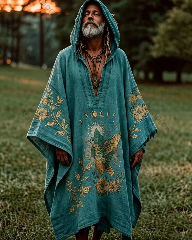 Men's Summer Fashion Hippie Star and Moon Embroidered Linen Hooded Kaftan 3121