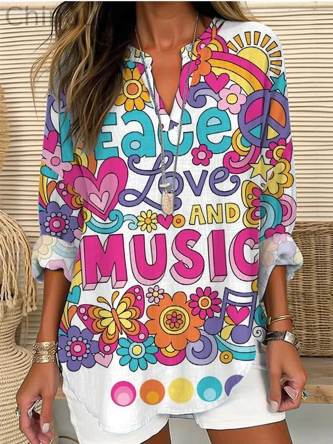 Women's Hippie Floral Print Casual Long Sleeve V-Neck Shirt