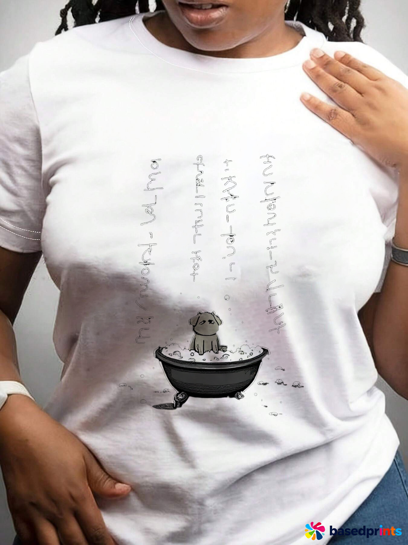 White T-Shirt with Cute Dog in Bathtub