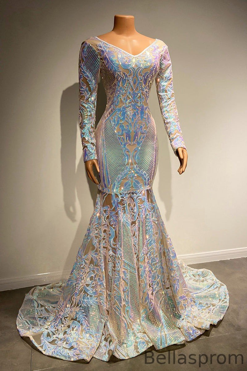 Bellasprom V-Neck Long Sleeves Evening Dress Mermaid With Shiny Sequins Bellasprom