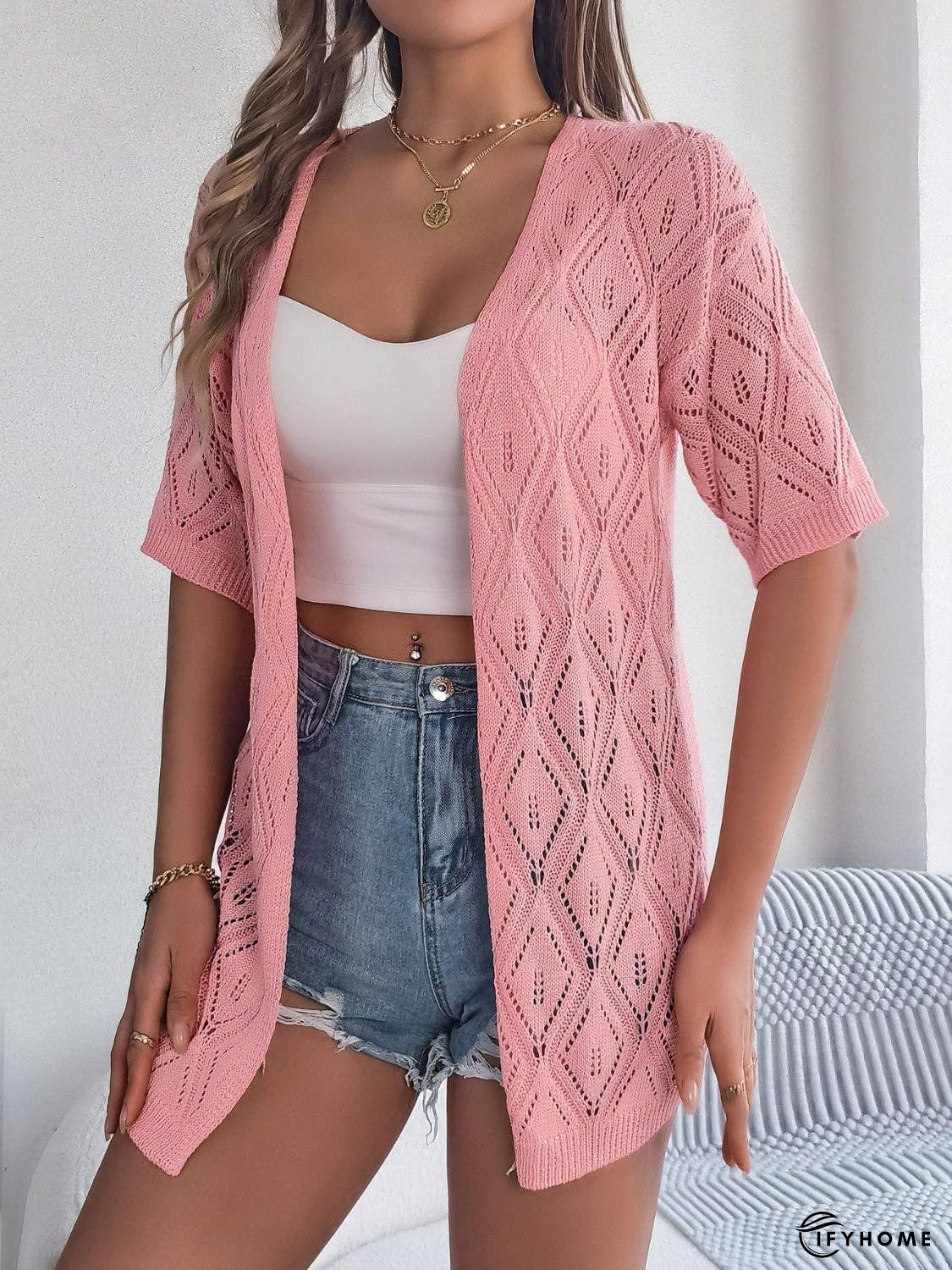 Openwork Open Front Half Sleeve Cardigan | IFYHOME
