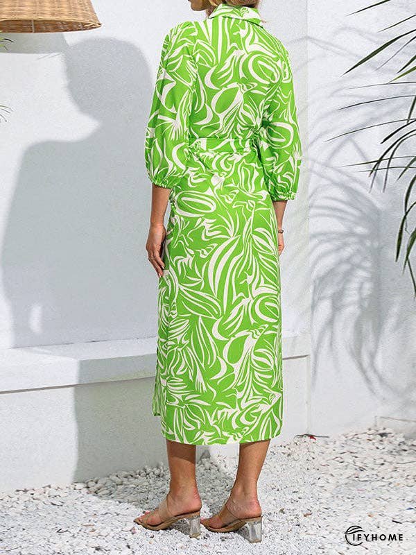 A-Line High Waisted Elasticity Printed Tied Waist Lapel Midi Dresses Shirt Dress | IFYHOME