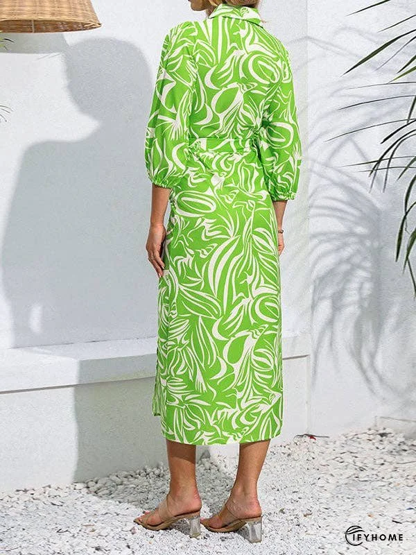 A-Line High Waisted Elasticity Printed Tied Waist Lapel Midi Dresses Shirt Dress | IFYHOME