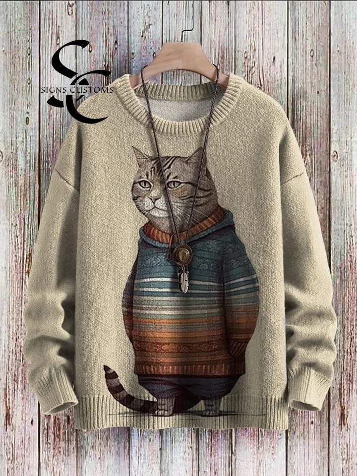Cozy Winter Cat Art Pattern Print Casual Knit Pullover Sweater