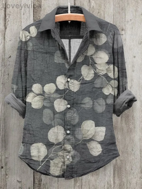 Women's Retro Leaf Art Print Long Sleeve Cotton And Linen Shirt