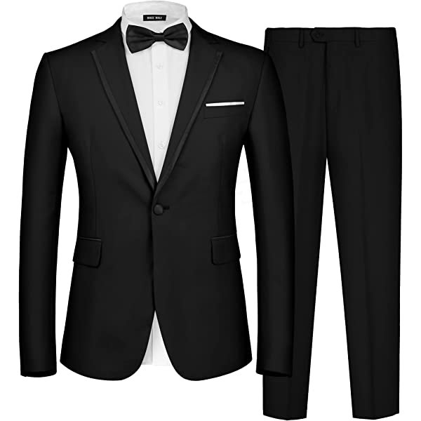 MAGE MALE Men's 2 Piece Suit One Button Slim Fit Formal Wedding Prom Tuxedo Suits Blazer Pants with Bow Tie Set Small Black-peak Lapel-1 amazon James Yang