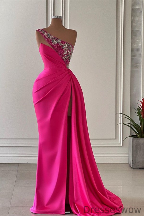 Dresseswow Fuchsia One Shoulder Evening Dress Mermaid Slit Long With Beadings