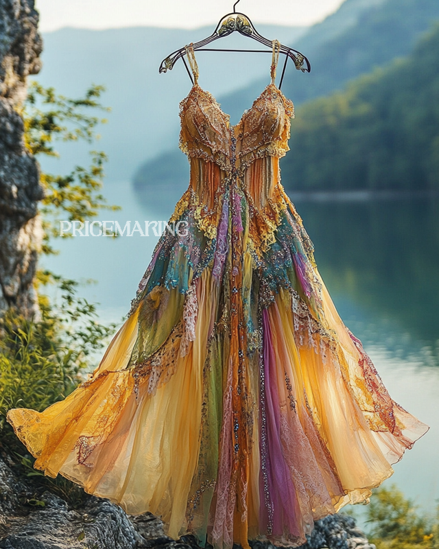 Summer Irregular Lace Patchwork BeadedRuffle Dress 7413