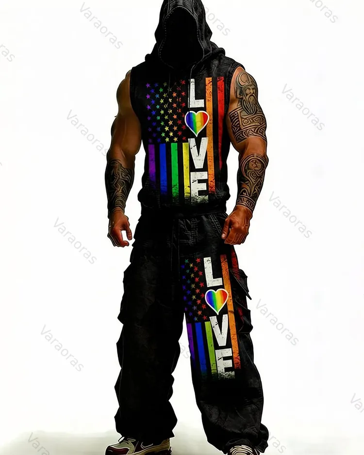 Men's Summer Fashion Pride Month Themed Linen Hoodie & Pants Two-Piece Set 8540