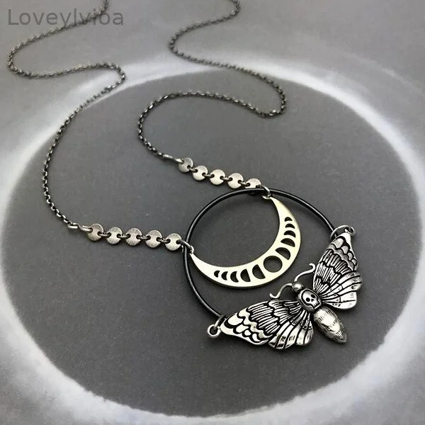 Moon Phase Skull Moth Necklace