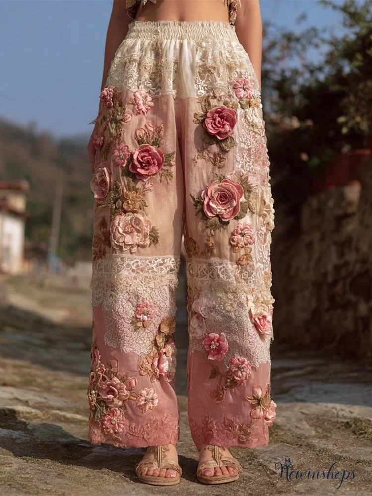 Boho Vintage Floral Lace Patchwork Art Women's Linen Trousers