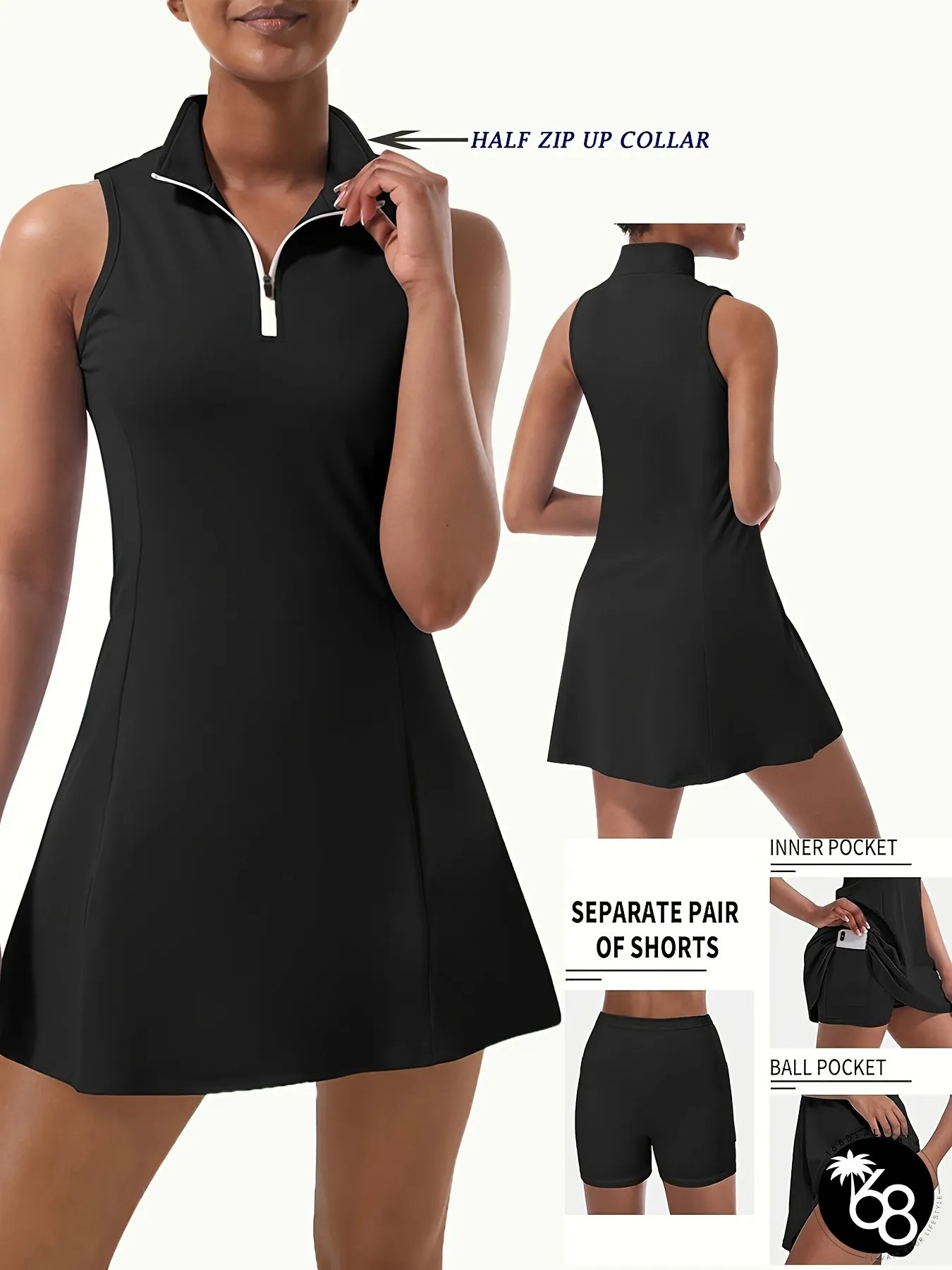 Womens Full-Zip Tennis Golf Dress With Built-In Shorts Pockets Sleeveless Athletic Workout | 168DEAL