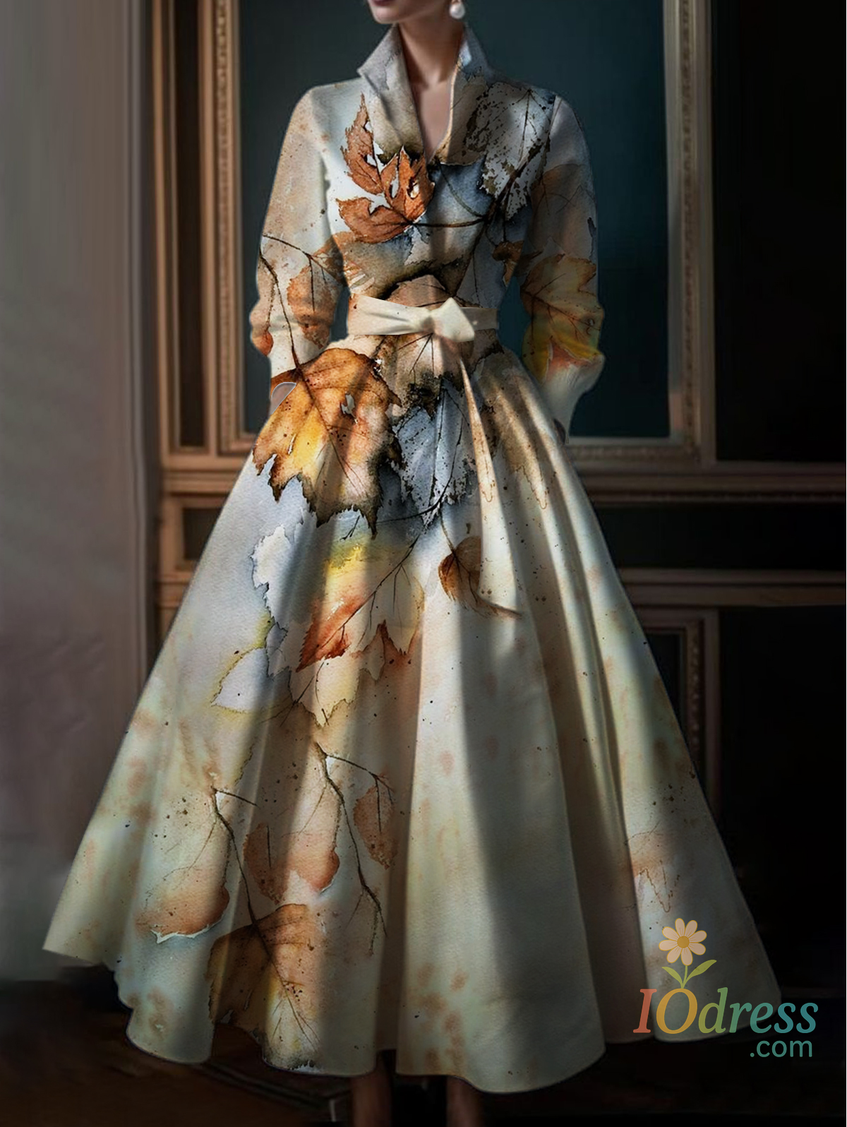 IO Dress Elegant Maple Leaf Print Maxi Dresses Women Stand Collar Long Sleeve Long Dress Party Wedding Evening A-Line Dress Vestido