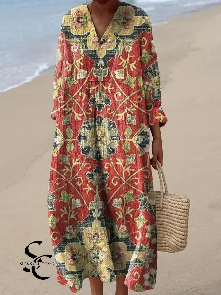 Women's Vintage Lovely Floral Art Print Flowy Dress