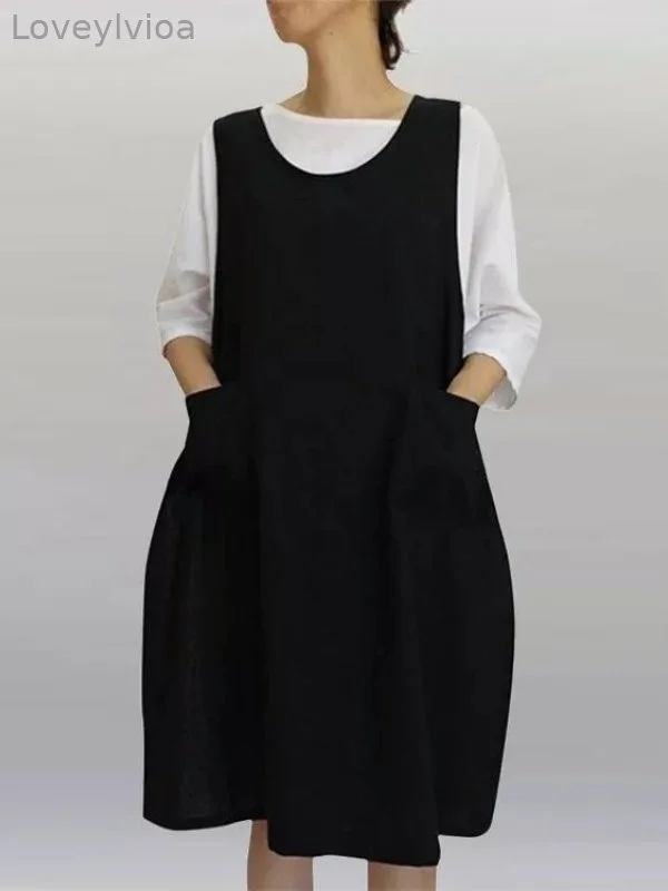 Vintage Apron Overall Pinafore Midi Dress With Pockets