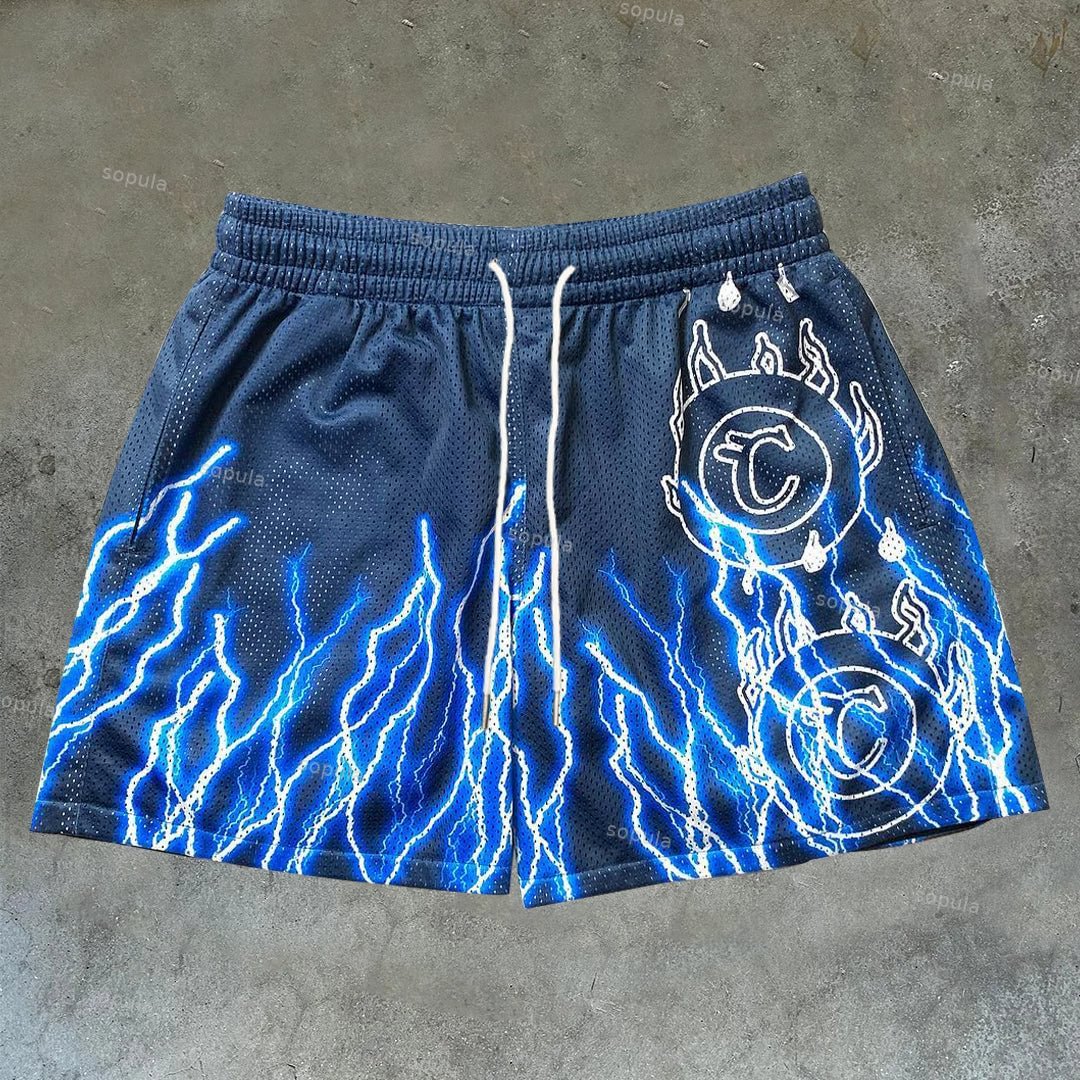 Sopula Vintage Flame Graphic Casual Street Mesh Shorts