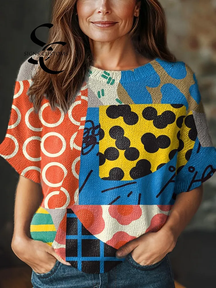Women's Abstract Geometric Pattern Art Print Casual Crew Neck Short Sleeve Knitted Sweater