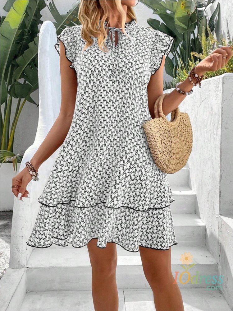 IO Dress 2024 Elegant Women's Casual Loose Ruffle Mini Dress Bohemian Printed V-neck Lace-up Small Flying Sleeve Dresses For Women