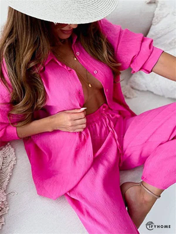 Solid Color Split-Joint High-Low Long Sleeves Buttoned Lapel Blouses Top + Drawstring Elasticity Pleated Pants Bottom Two Pieces Set | IFYHOME