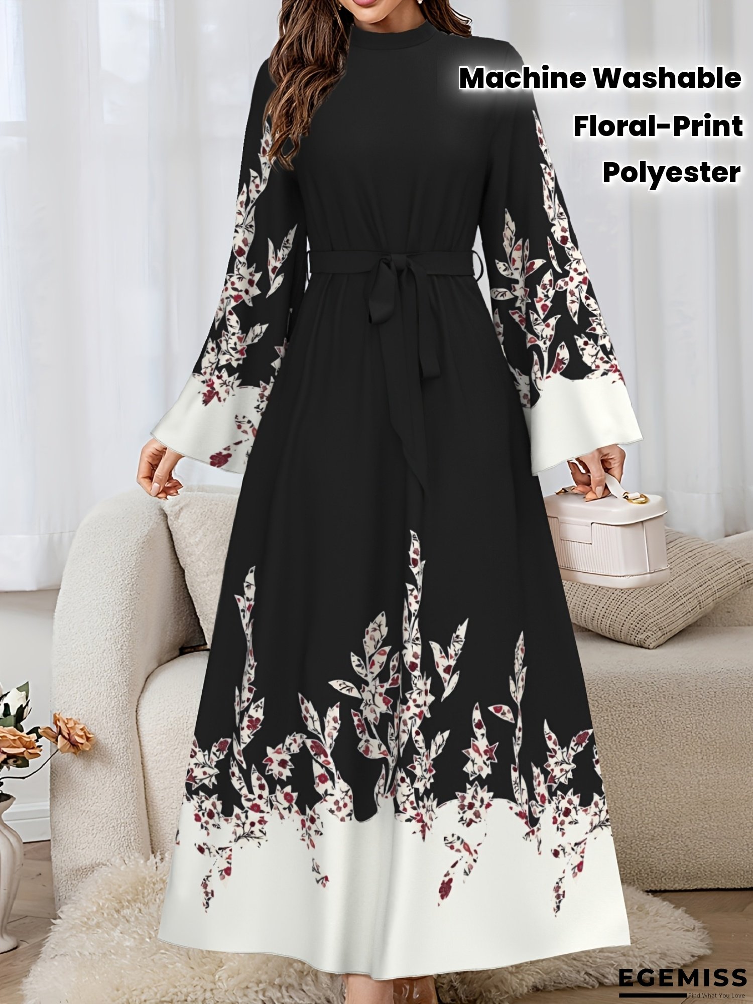 Women's Elegant Floral Print Maxi Dress With Belted Waist - Long Sleeve, High Neck, White & Black Design, Perfect For Fall/Winter, Polyester Blend, Machine Washable, Autumn Winter Dress | Floral Print Dress | Polyester Blend Dress | EGEMISS
