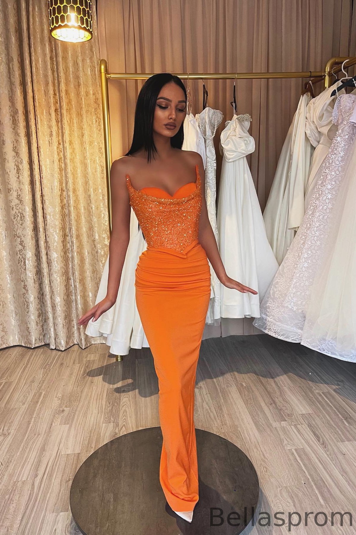 Bellasprom Orange Strapless Sleeveless Mermaid Prom Dress With Sequins Bellasprom