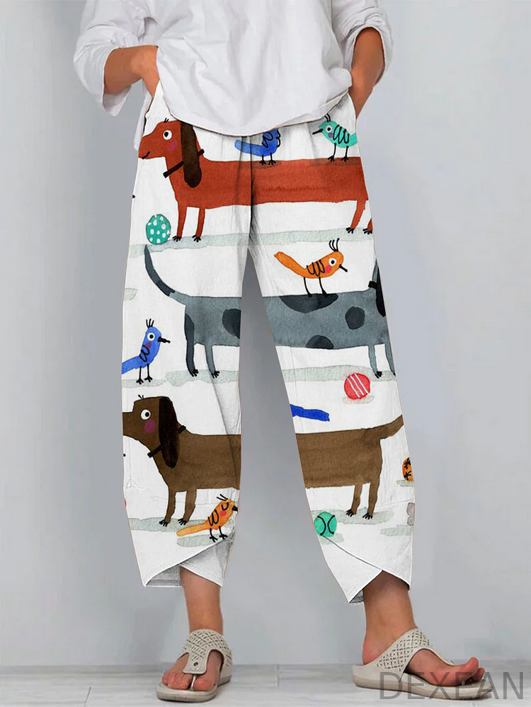 Casual Cute and Fun Cartoon Dachshund Cropped Pants