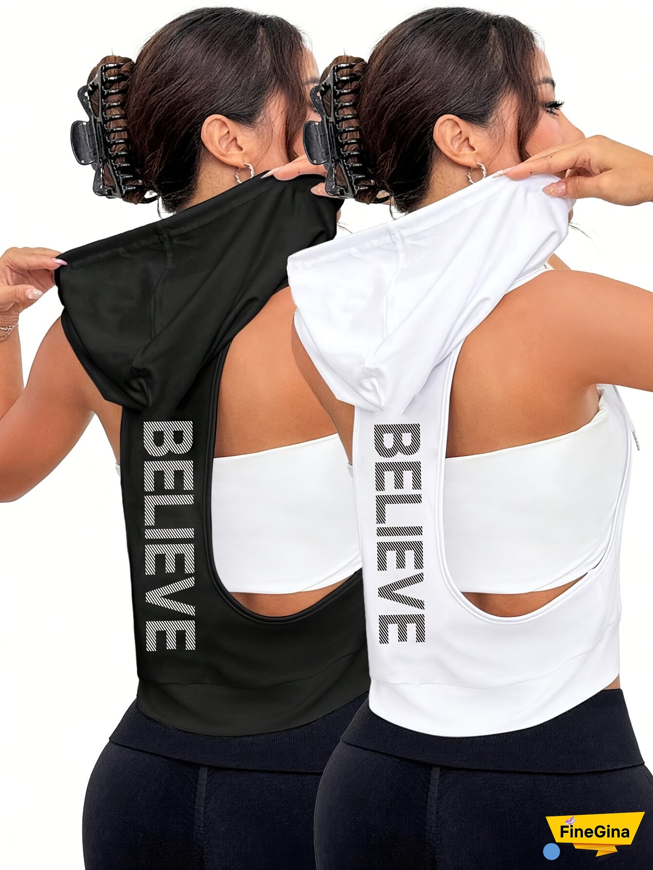 Women's 2pcs Sleeveless Hooded Tank Tops - Stretchy Polyester Activewear, White & Black, Casual Sporty Design, Machine Washable, Spring/Summer Collection