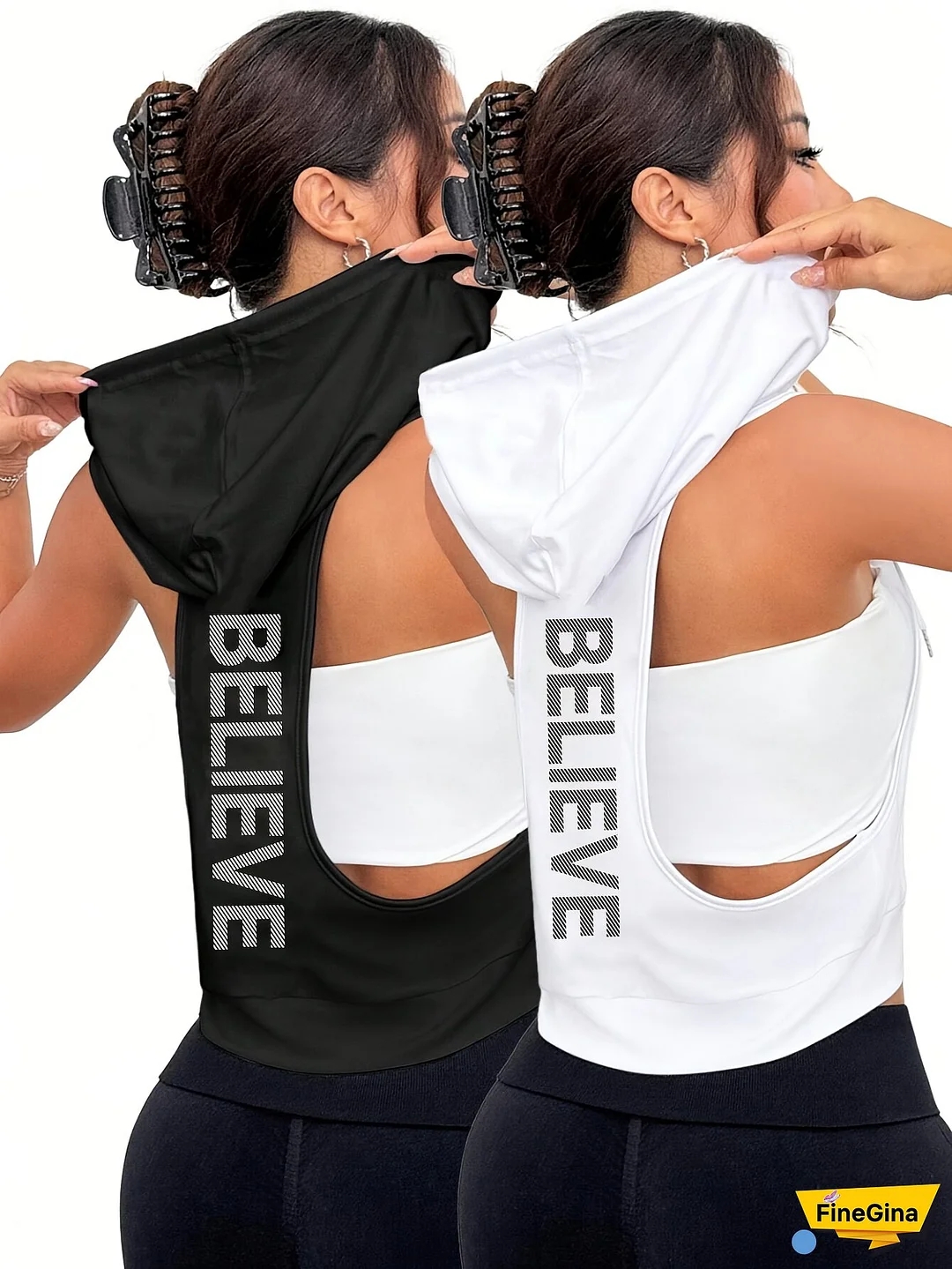 Women's 2pcs Sleeveless Hooded Tank Tops - Stretchy Polyester Activewear, White & Black, Casual Sporty Design, Machine Washable, Spring/Summer Collection