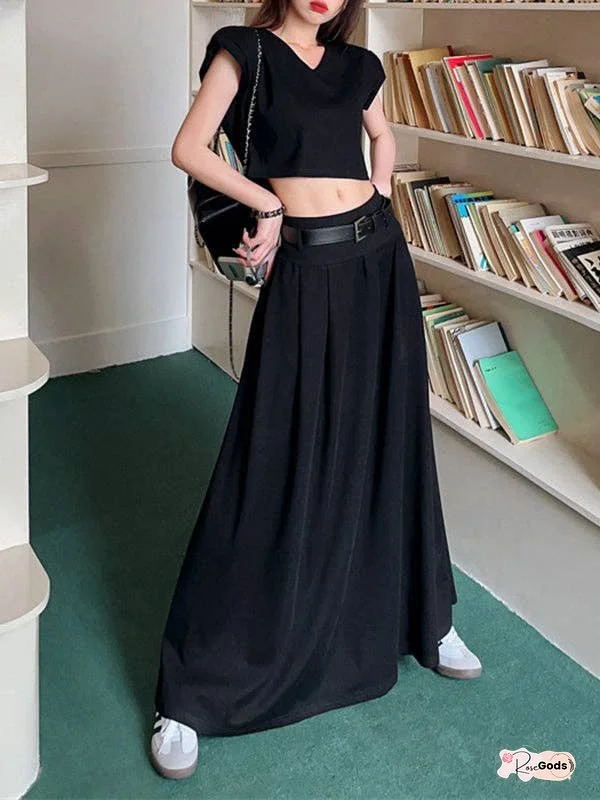 A-Line High Waisted Belted Pleated Solid Color Skirts Bottoms