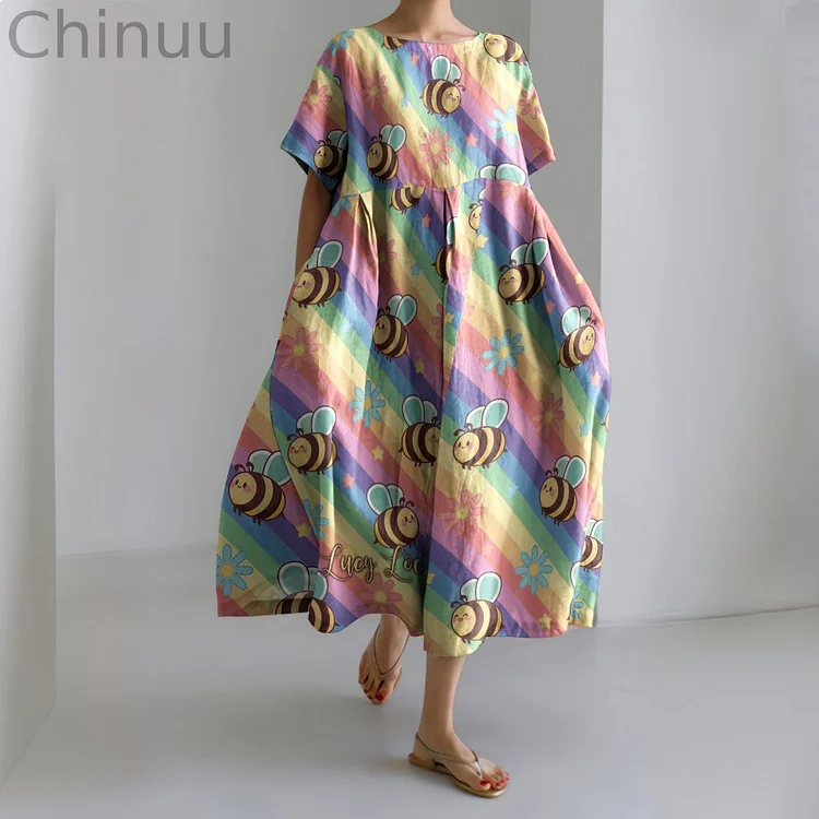 Rainbow Flying Bees Embroidery Art Print Casual Midi Dress