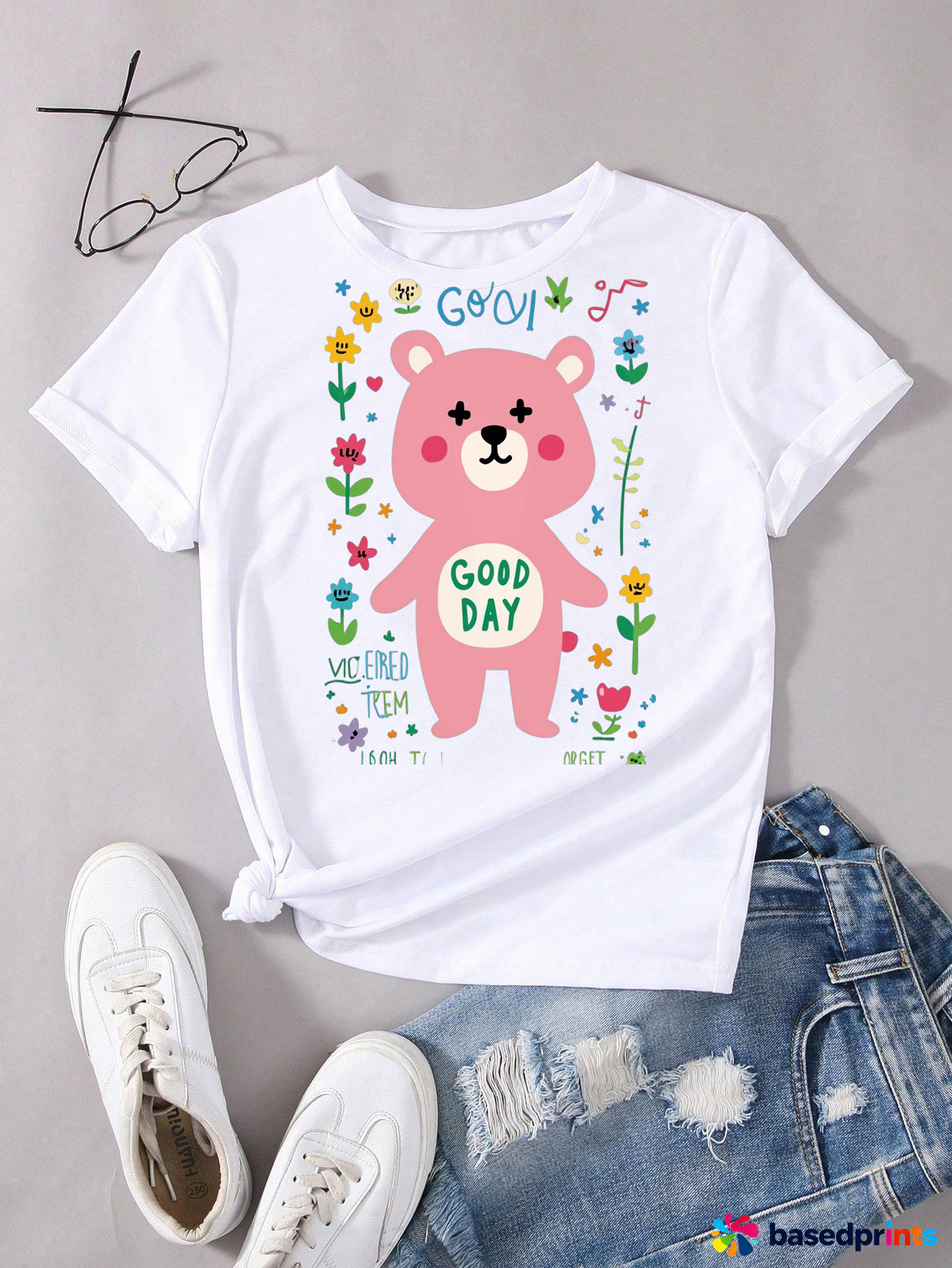 Good Day Bear Print White Tee