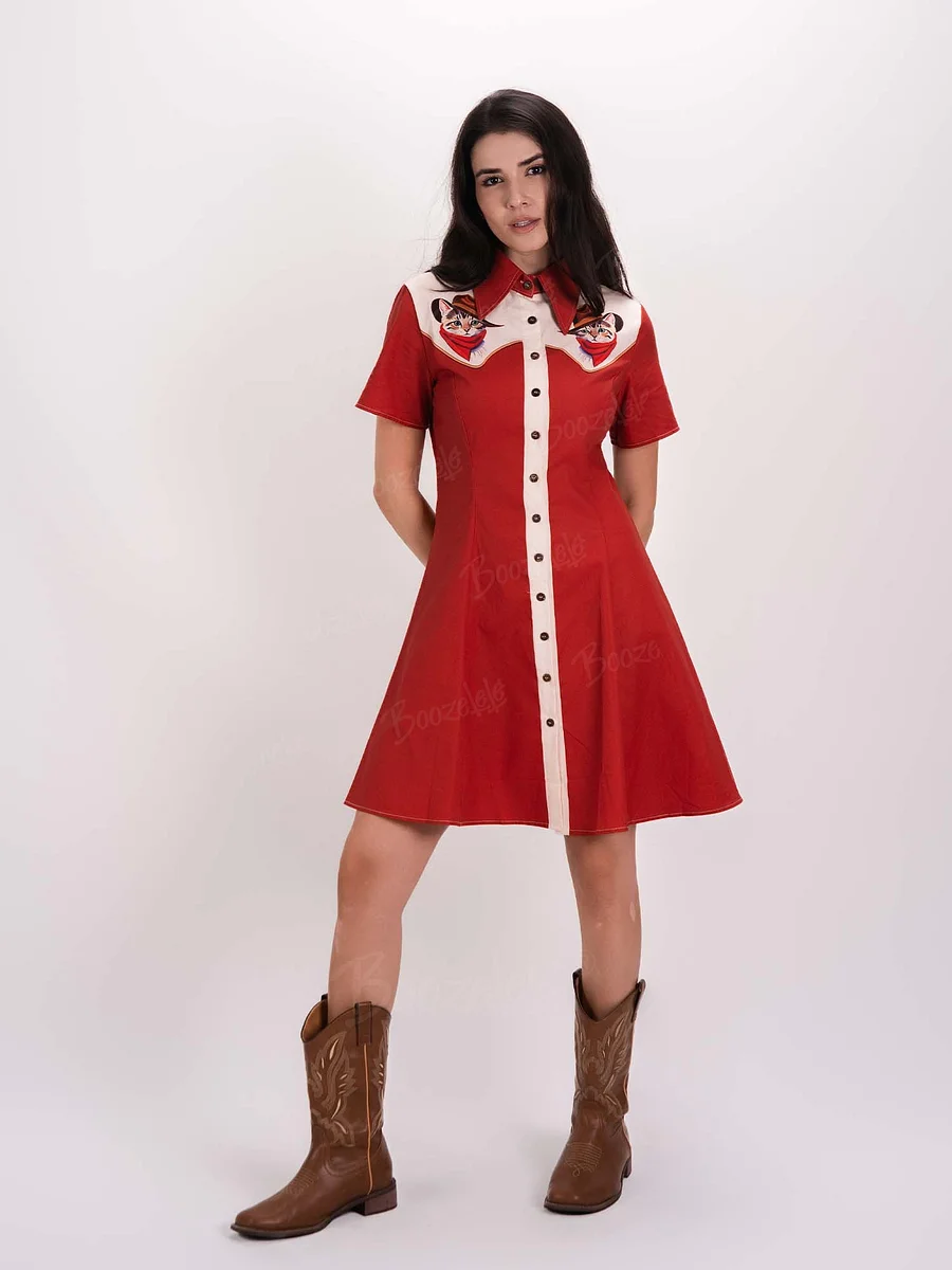 Western Cute Cat Meowdy Cowboy Printed Western Cowboy Dress For Women Button-down Dress Short Sleeves 100% Cotton Dress Western Cute Cat Meowdy Cowboy Printed Western Cowboy Dress For Women Button-down Dress Short Sleeves 100% Cotton Dress