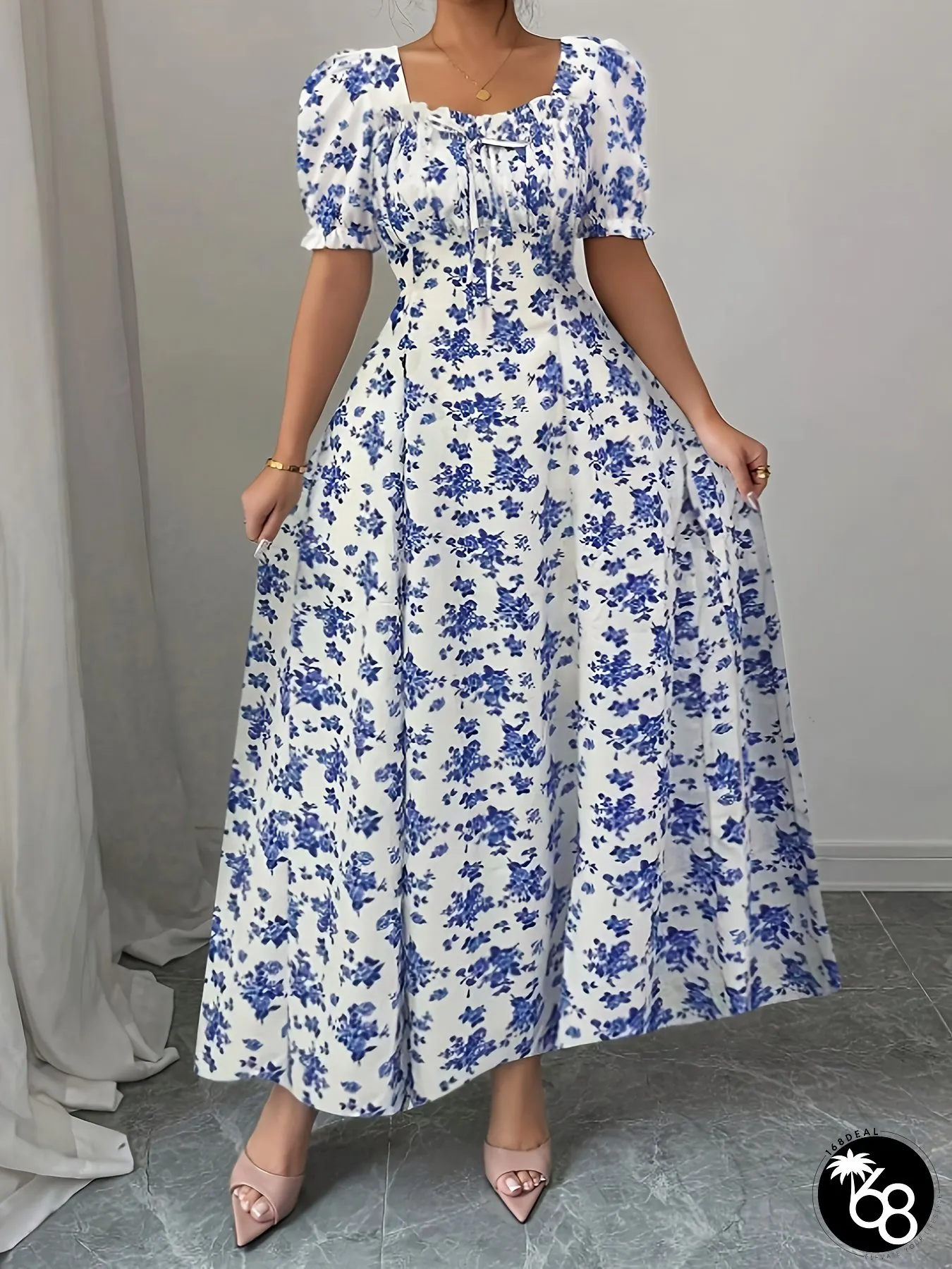 Womens Floral Print A-Line Dress-Elegant Blue White Flared Hem For Spring Summer Fall | 168DEAL